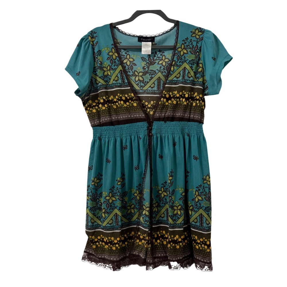 Fleurish Women Babydoll Y2K Boho Deep V Neck Top XL Sheer Smocked Artsy Bohemian